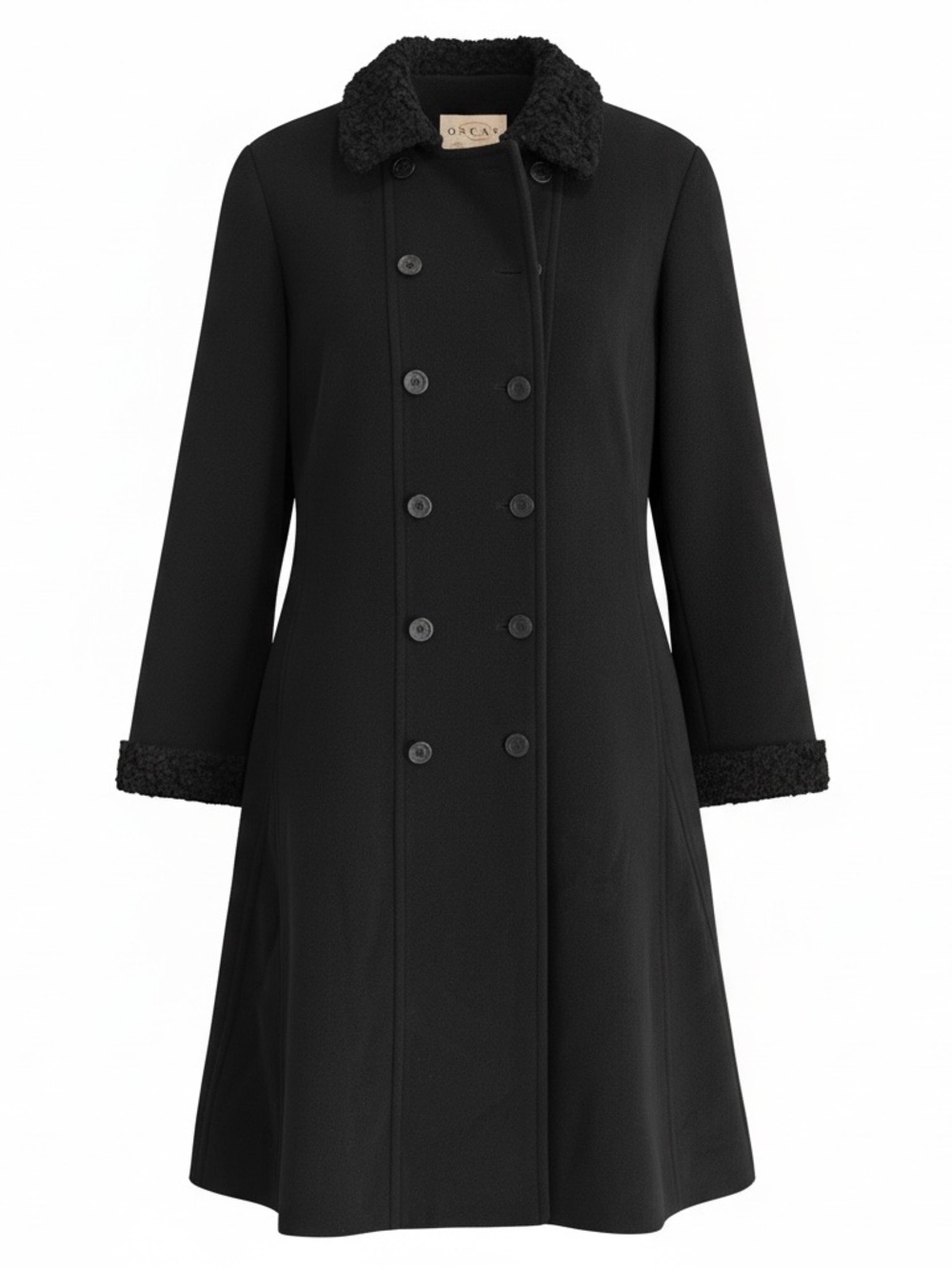 Oscar de la Renta Black Double-Breasted Faux-Shearling Trim Peacoat Jacket Sz 16